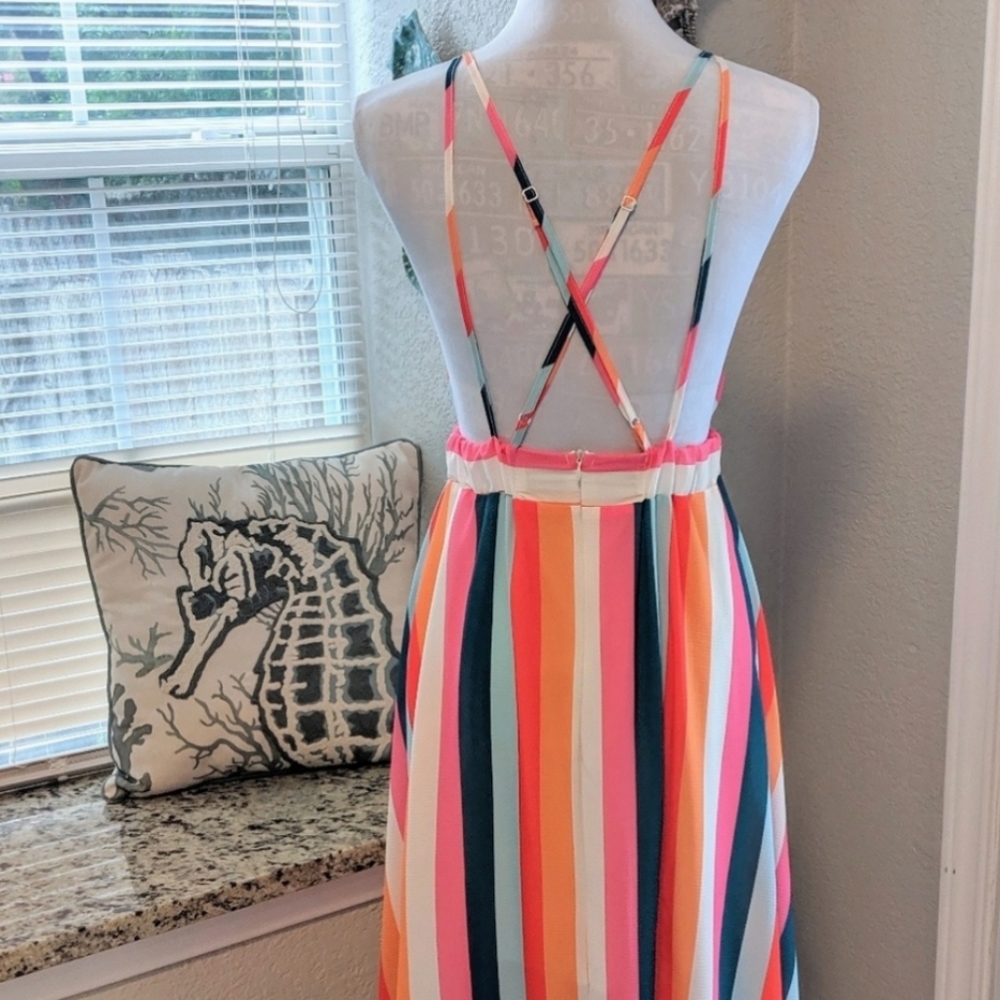 New Gorgeous Rainbow Striped V Plunge Maxi Dress - Picture 14 of 15
